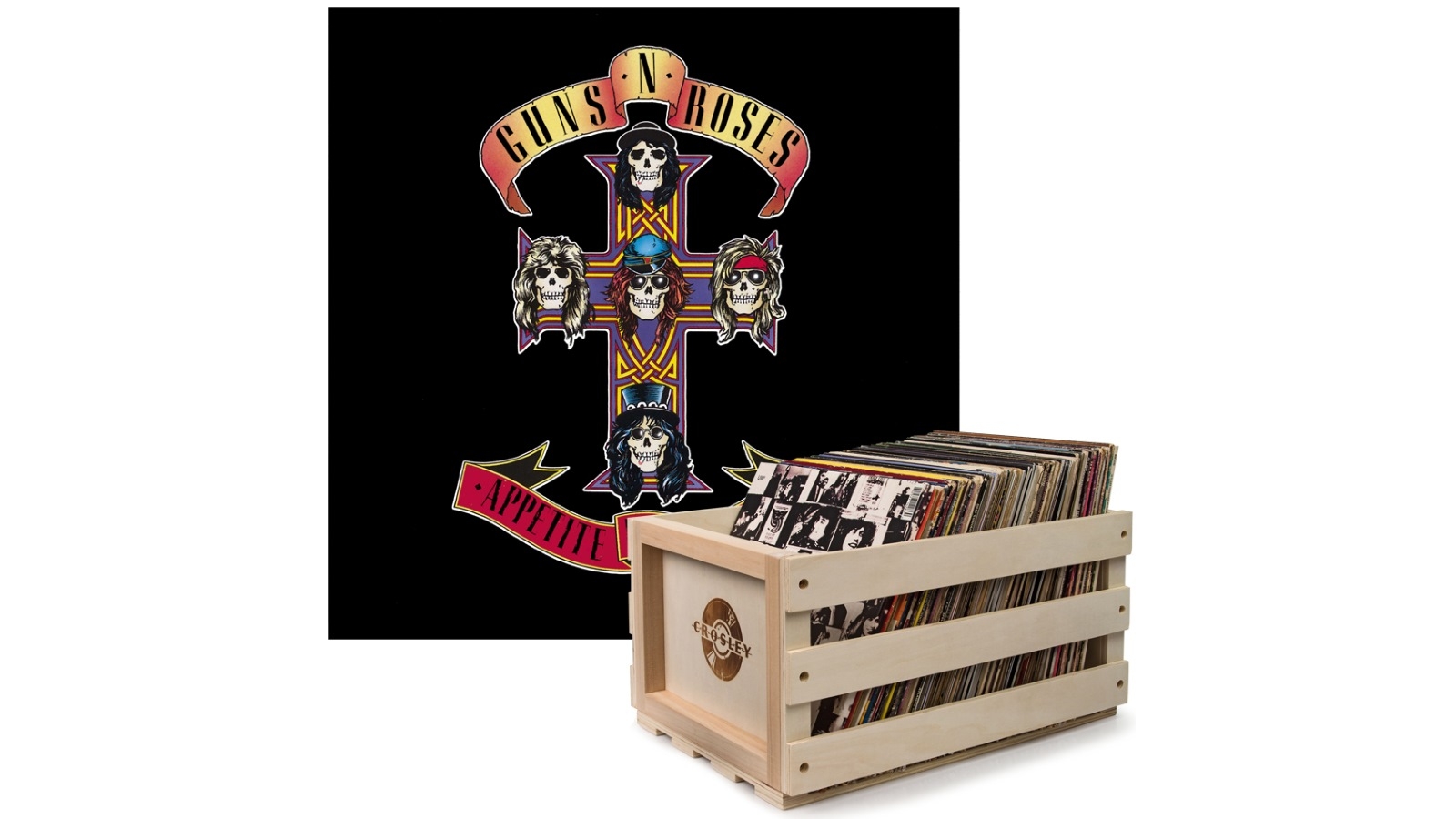 Crosley Record Storage Crate and Guns and Roses Appetite for Destruction - Vinyl Album Bundle