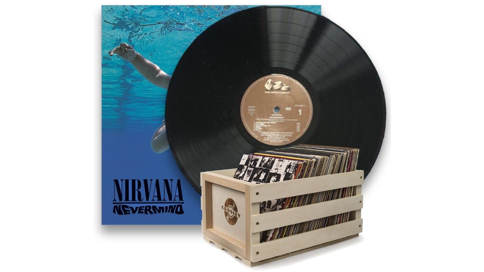 Crosley Record Storage Crate and Nirvana Nevermind - Vinyl Album Bundle
