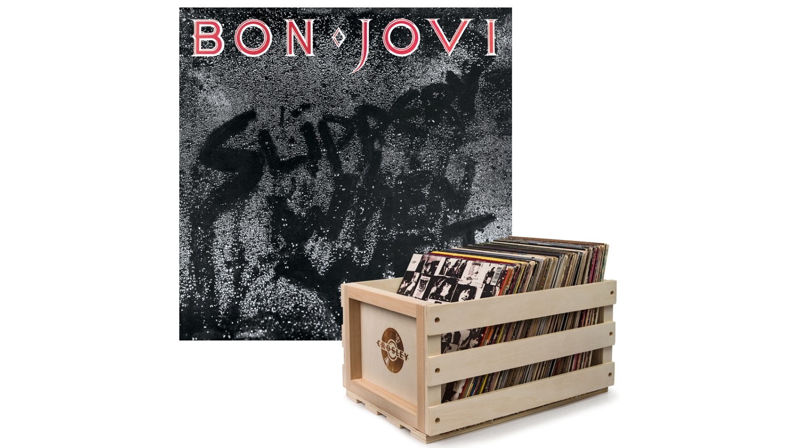 Crosley Record Storage Crate and Bon Jovi Slippery When Wet - Vinyl Album Bundle