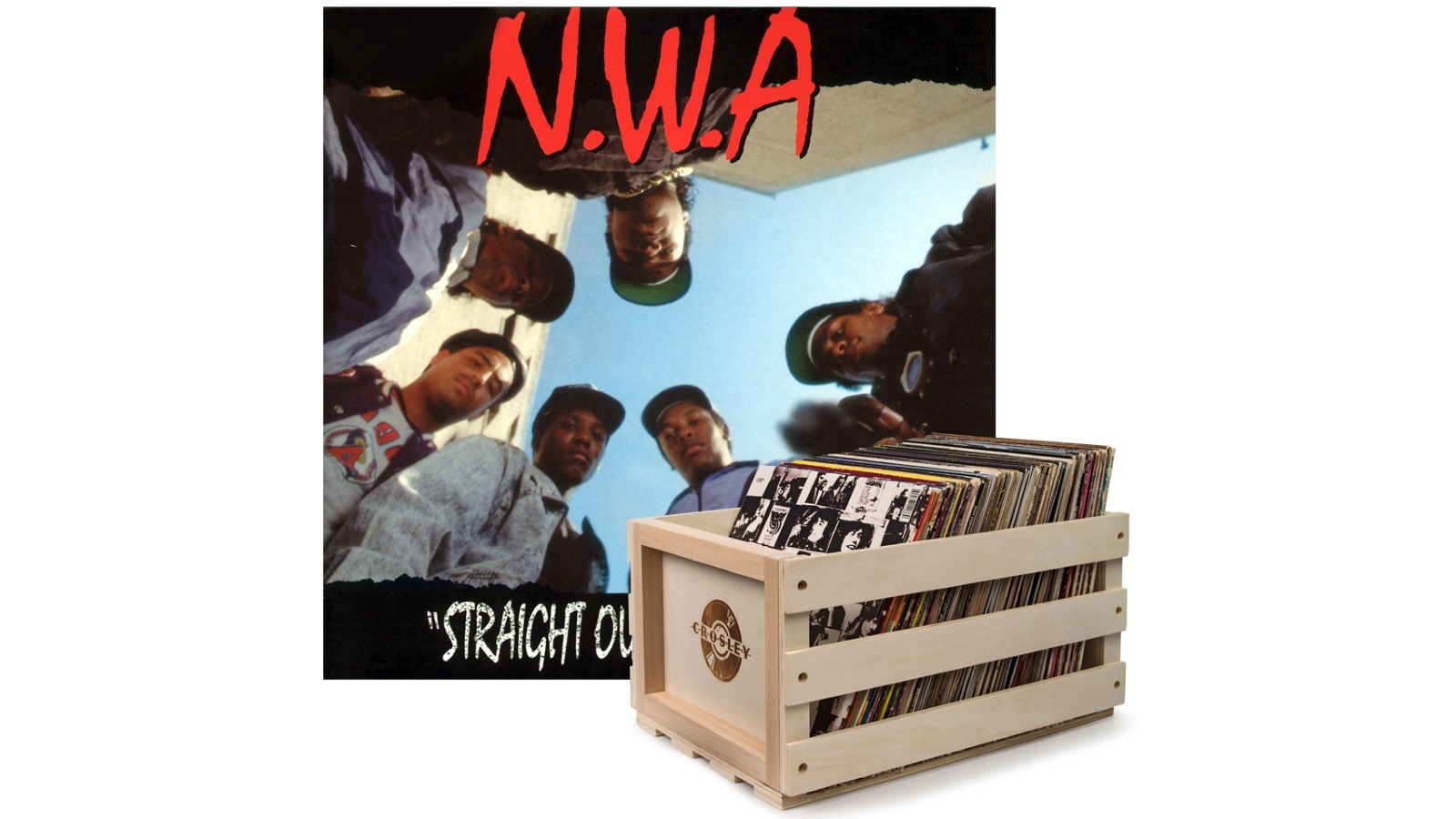 Crosley Record Storage Crate and N.W.A. Straight Outta Compton - Vinyl Album Bundle