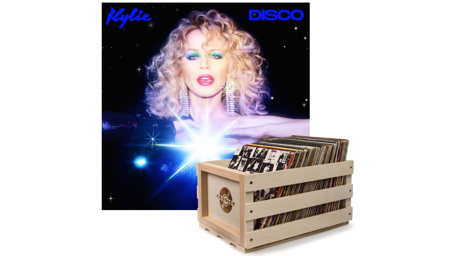 Crosley Record Storage Crate & Kylie Disco - Black Vinyl Album Bundle