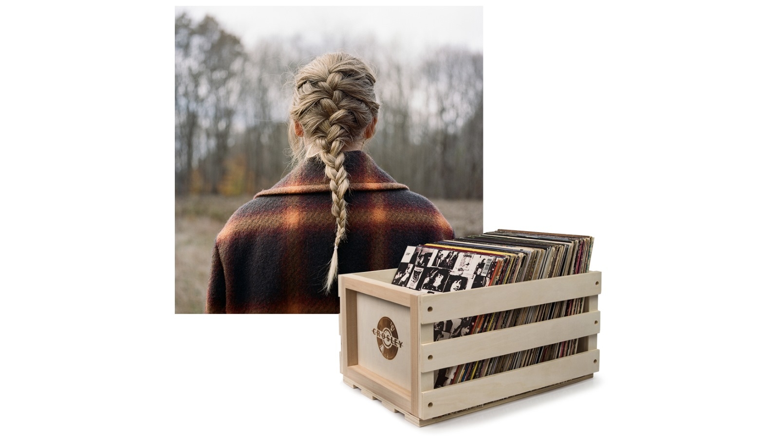 Crosley Record Storage Crate and Taylor Swift Evermore - Double Vinyl Album Bundle