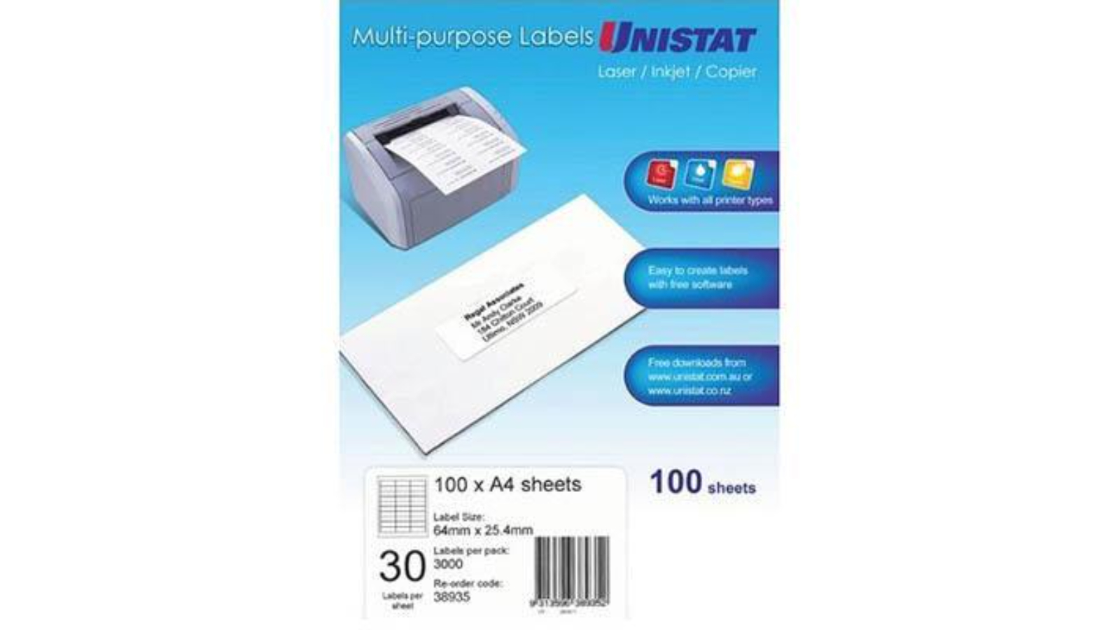 Unistat 38935 Pack of 100 6.4 x 2.54cm 30UP Multi-Purpose Label - White