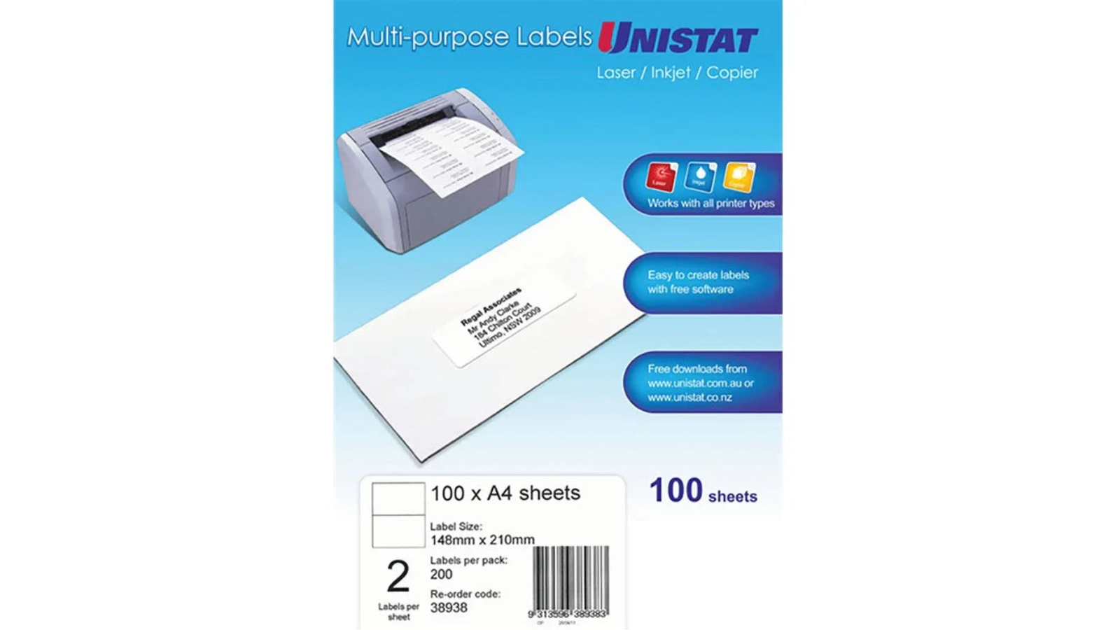 Unistat 38938 Pack of 100 14.8 x 21cm 2UP Multi-Purpose Label - White