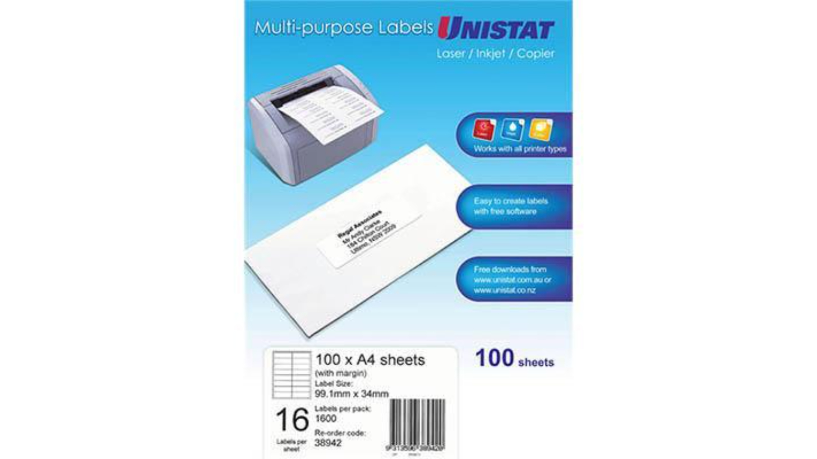 Unistat 38942 Pack of 100 9.9 x 3.4cm 16UP Multi-Purpose Label - White