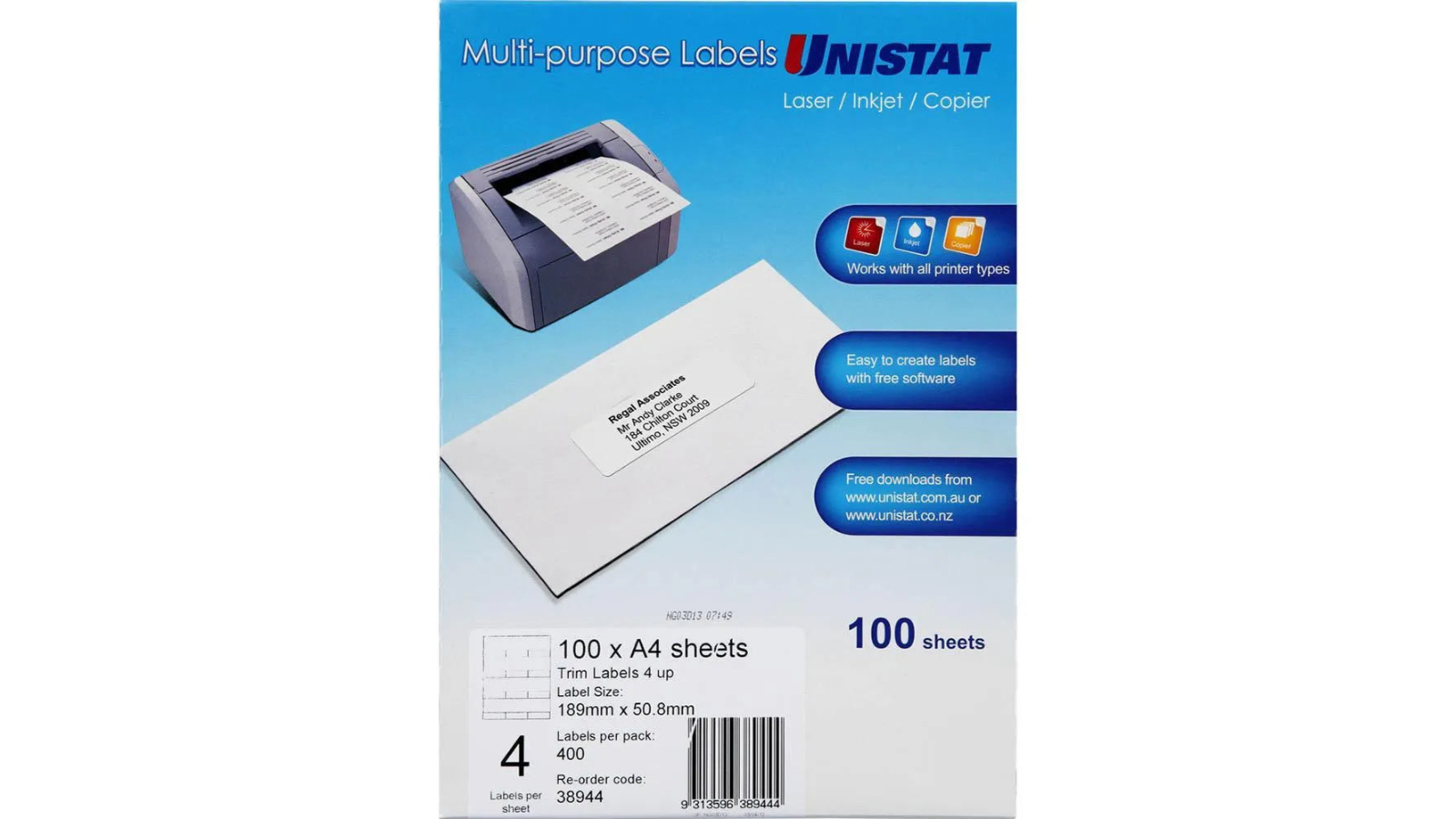 Unistat 38944 Pack of 100 18.9 x 5.08cm 4UP/Page Label Sheet