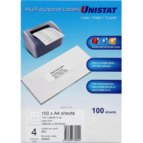Unistat 38944 Pack of 100 18.9 x 5.08cm 4UP/Page Label Sheet