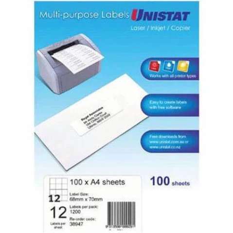 Unistat 38947 Pack of 100 6.8 x 7cm 12UP Multi-Purpose Label - White