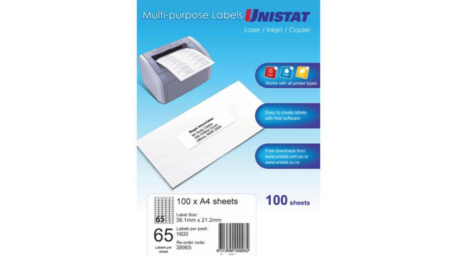 Unistat 38965 Pack of 100 3.81 x 2.12cm 65up Multi-Purpose Label - White