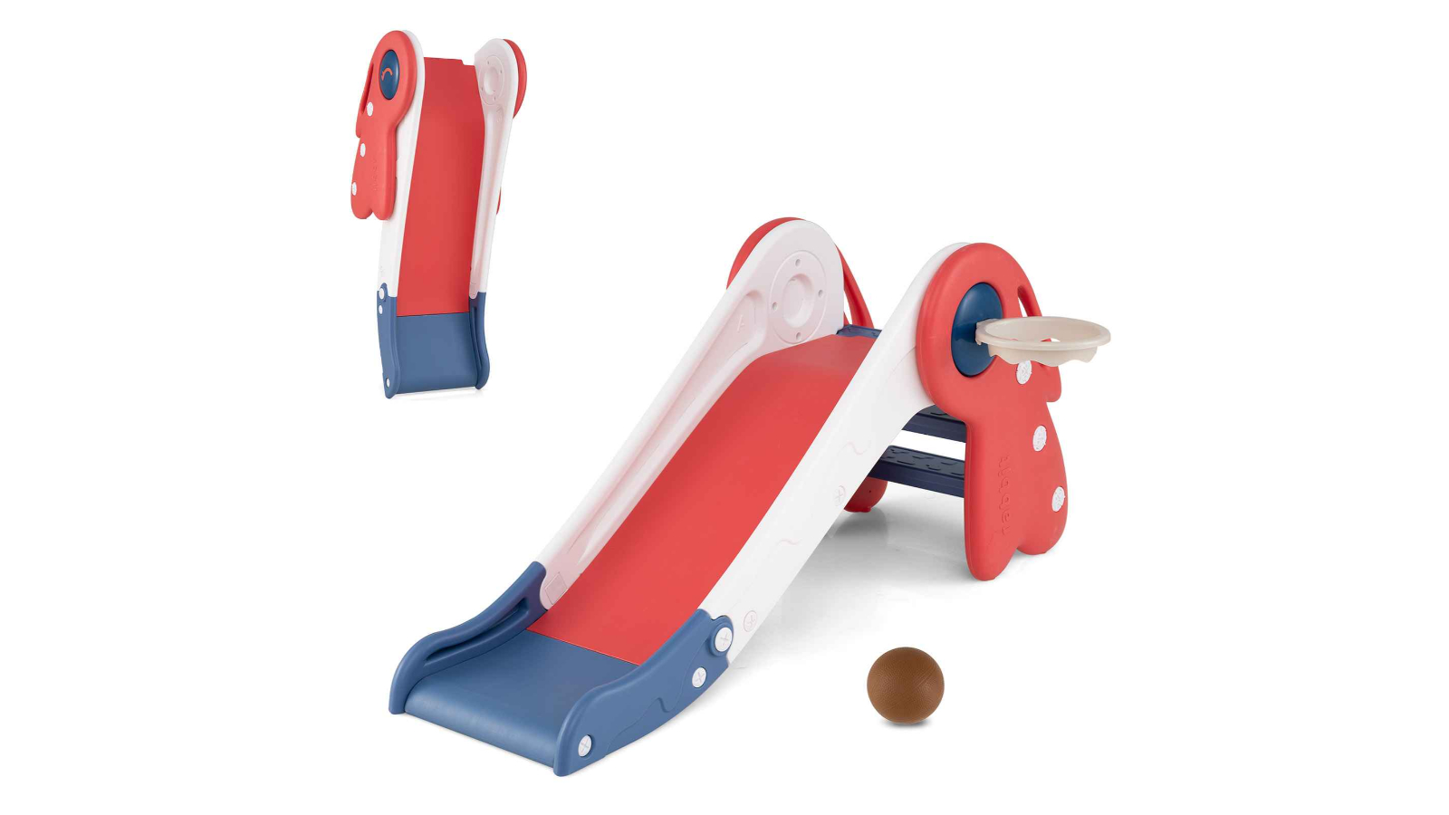 Costway 3-in-1 Foldable Bunny Slide and Climber with Basketball Hoop - Red