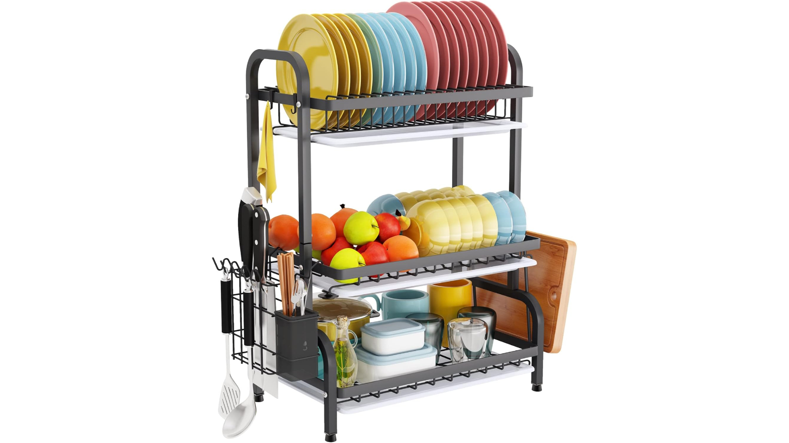 YS 3-Tier Dish Drying Rack with Utensil and Cutting Board Holder