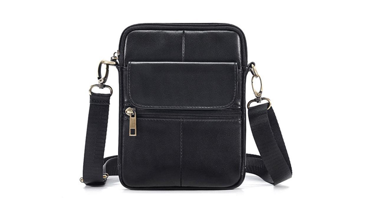 YS Black Genuine Oiled Wax Leather Satchel Men's Crossbody Bag