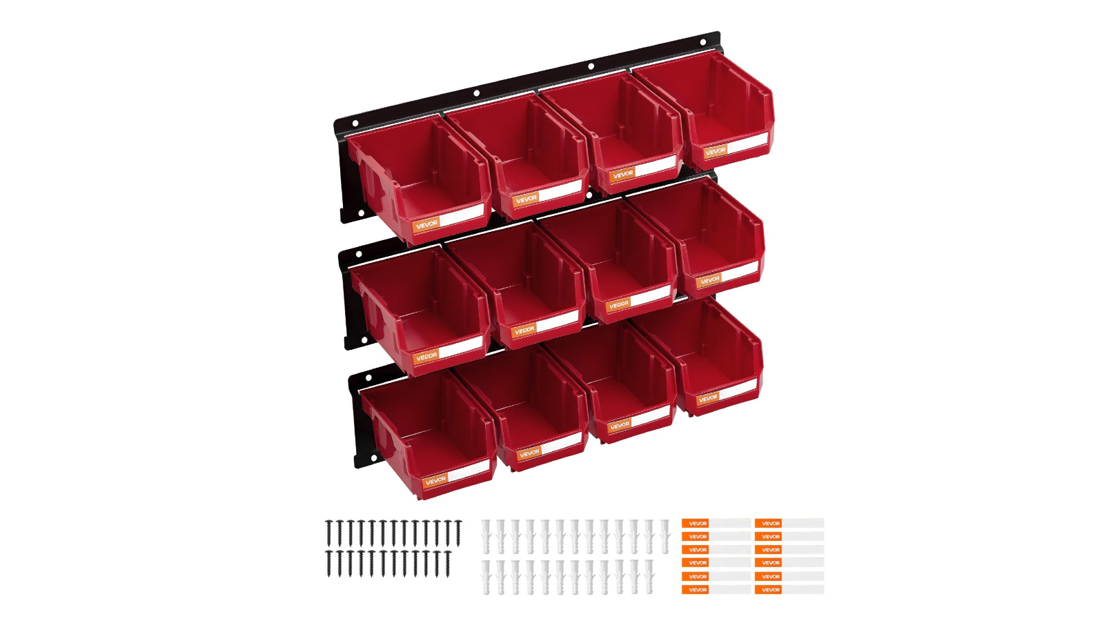 YS 12 Piece Wall-Mounted Plastic Storage Bin and 3 Metal Rail - Red