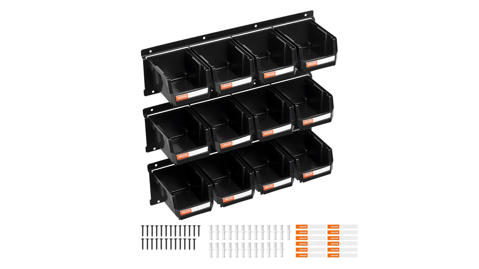 YS 12 Piece Wall-Mounted Plastic Storage Bin and 3 Metal Rail - Black