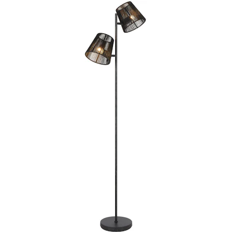 Pretty & Practical Potenza Gun Metal Floor Light with Black String Shade and Foot Switch