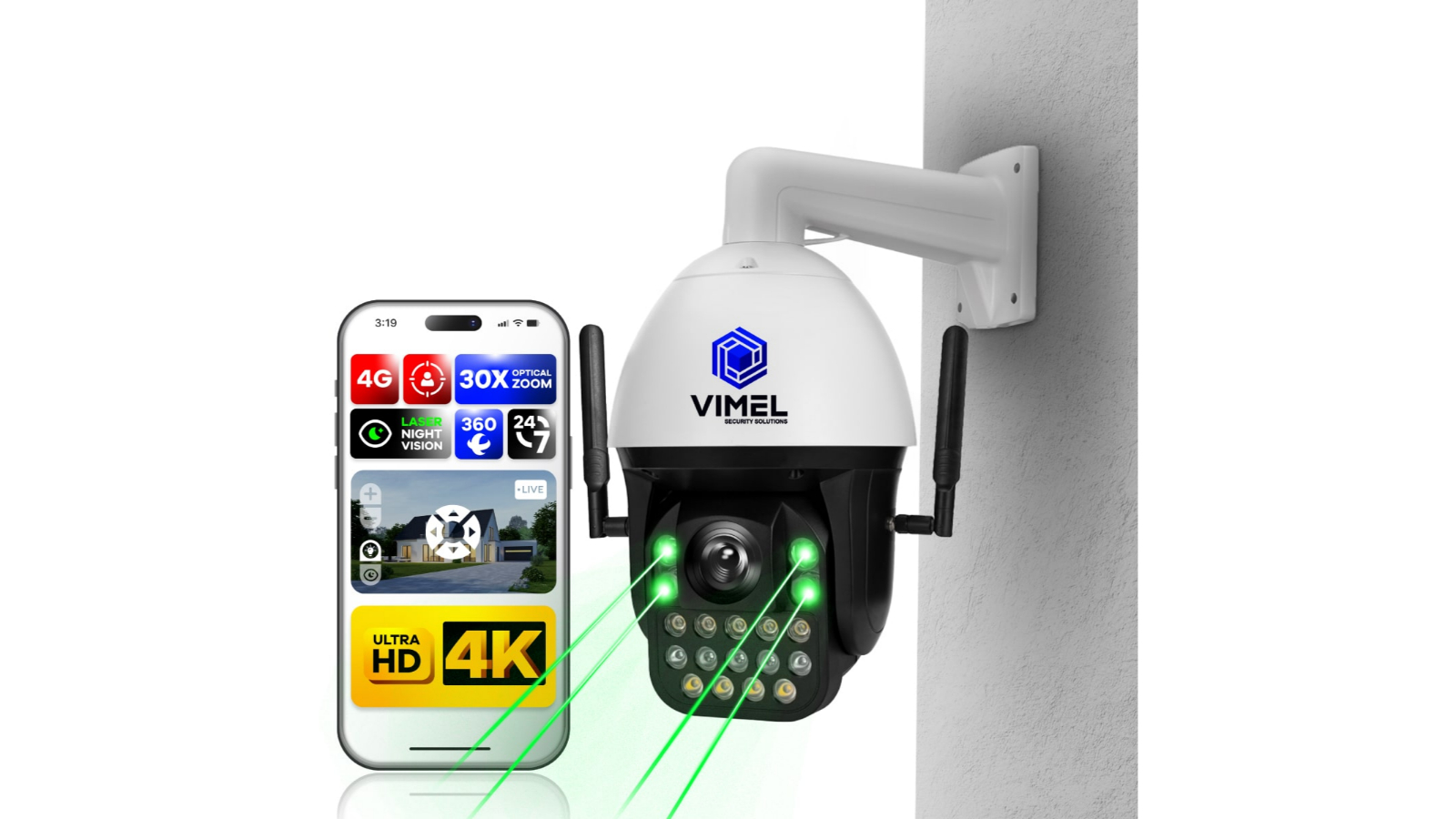 Vimel Commercial 4G Ultra HD 4K 30X Zoom SIM Card Enabled Security Camera