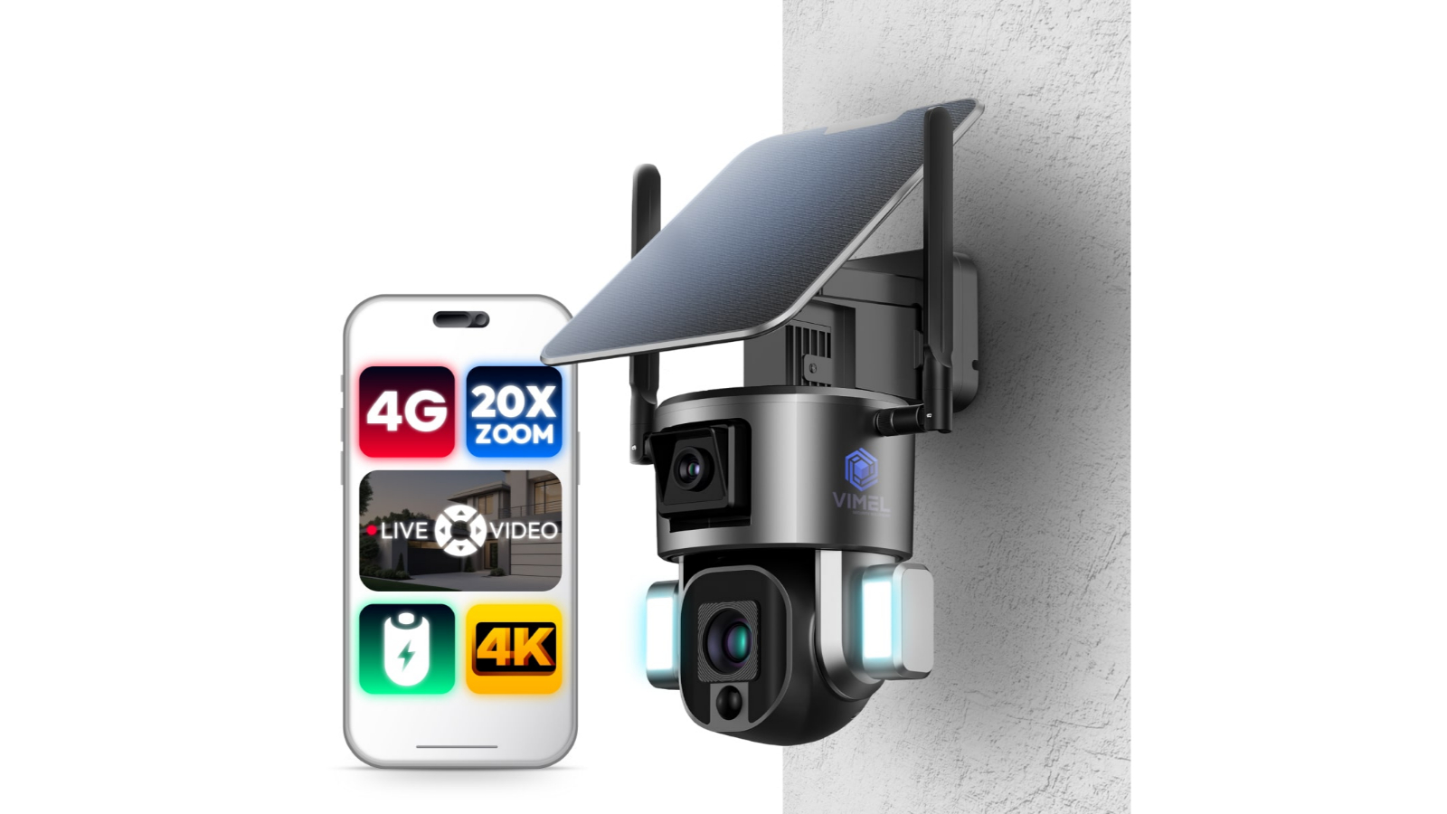 Vimel 4G 4K 20X SIM Battery PTZ 360 Farm Construction Solar Security Camera