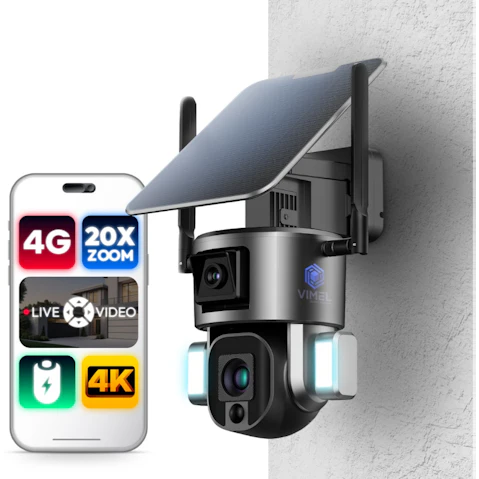 Vimel 4G 4K 20X SIM Battery PTZ 360 Farm Construction Solar Security Camera