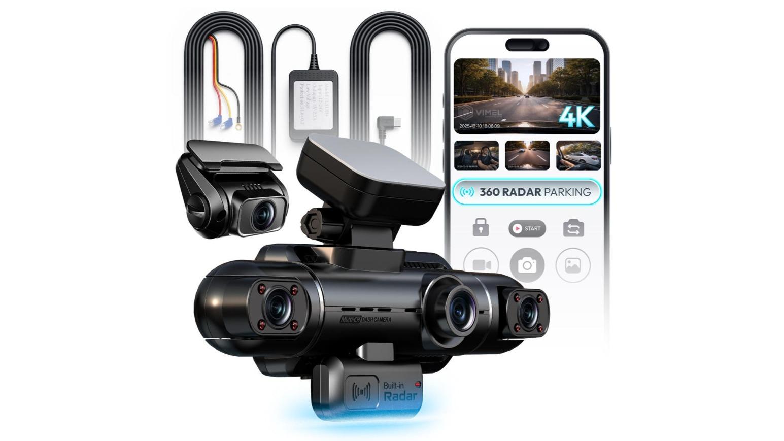 Vimel 4-Channel 4K Front and Rear Dashcam with Motion Detection and Hardwired Kit