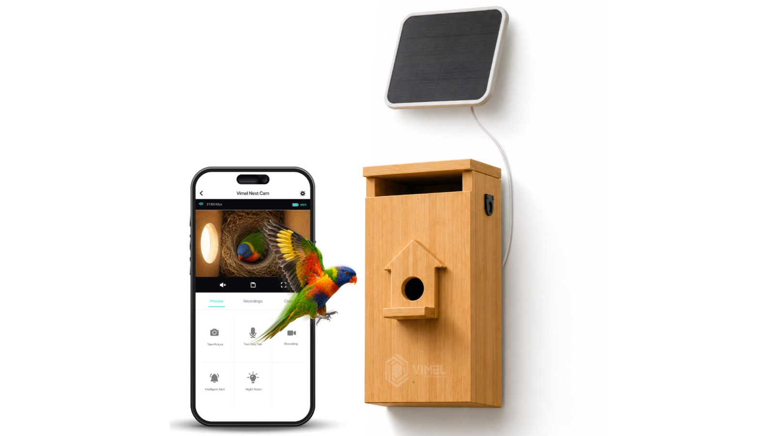 Vimel WiFi Nest House Bird Camera with Bamboo Box and Solar Battery