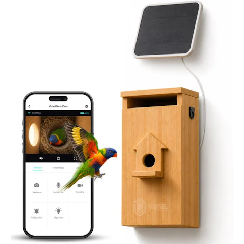 Vimel WiFi Nest House Bird Camera with Bamboo Box and Solar Battery