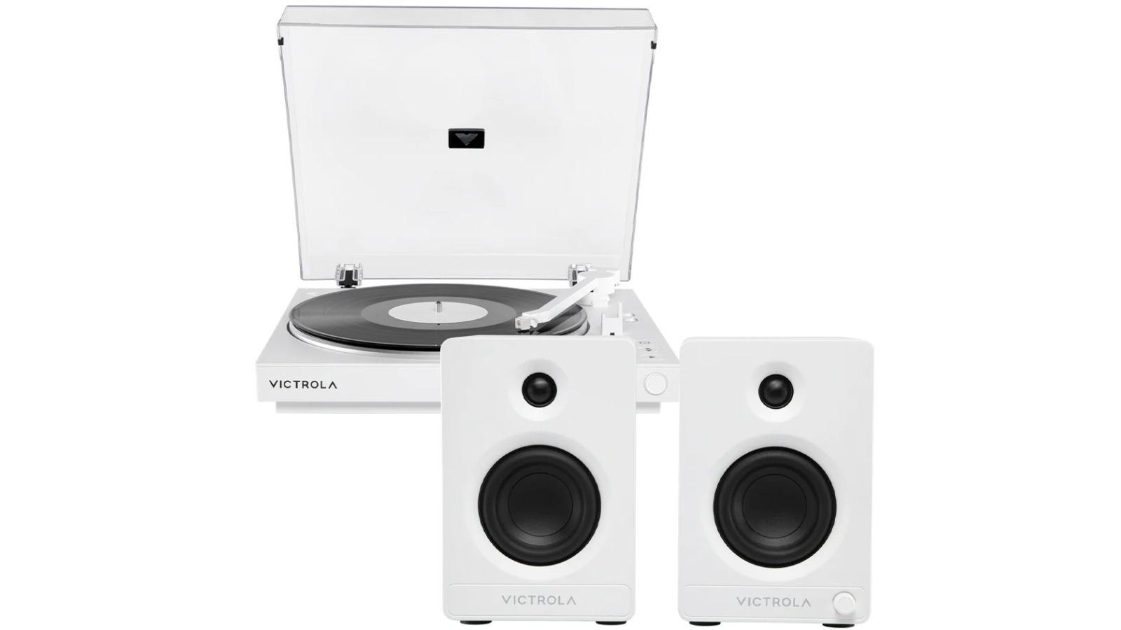Victrola Automatic Turntable + Tempo Bookshelf Speakers Bundle - White