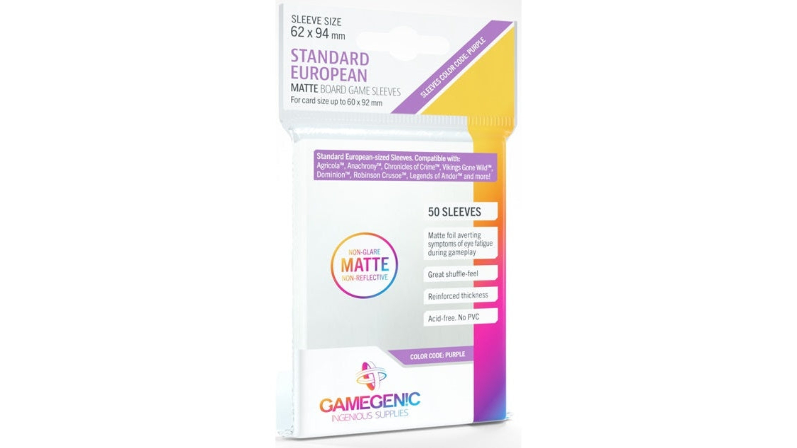 Gamegenic Standard European Matte Board Game Sleeves - Purple