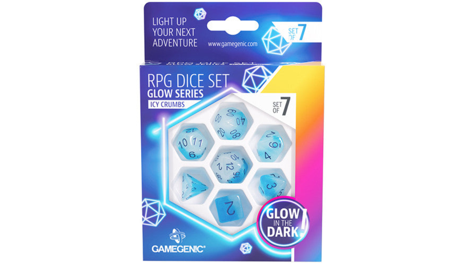 Gamegenic 7 Piece Glow Series Icy Crumbs RPG Dice