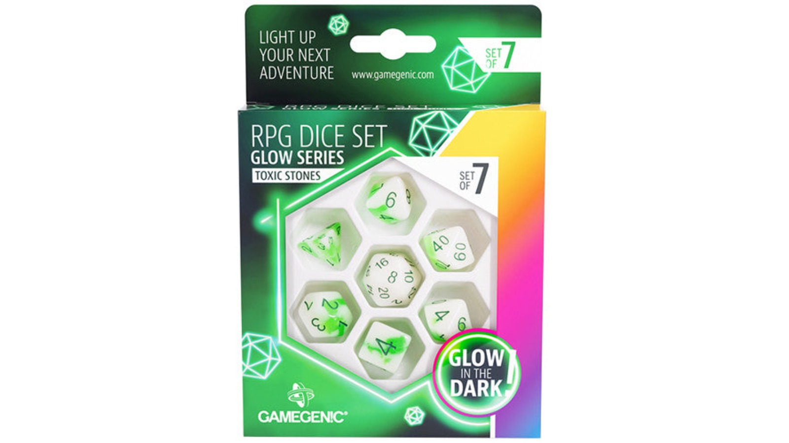 Gamegenic 7 Piece Glow Series RPG Dice - Venom Stones