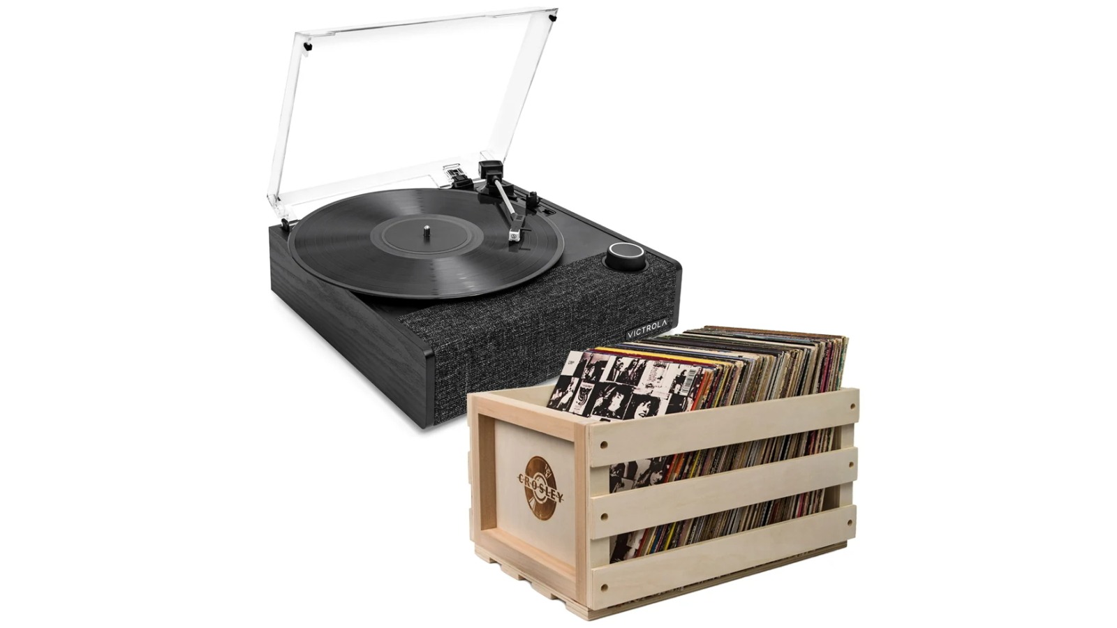 Victrola Eastwood II Black Turntable + Record Storage Crate Bundle