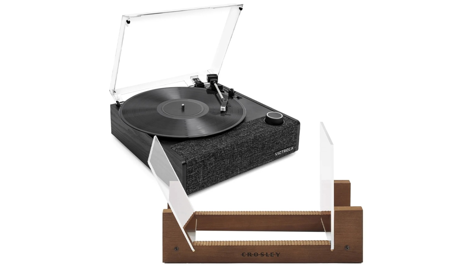 Victrola Eastwood II Black Turntable + Crosley Record Storage Display Stand Bundle