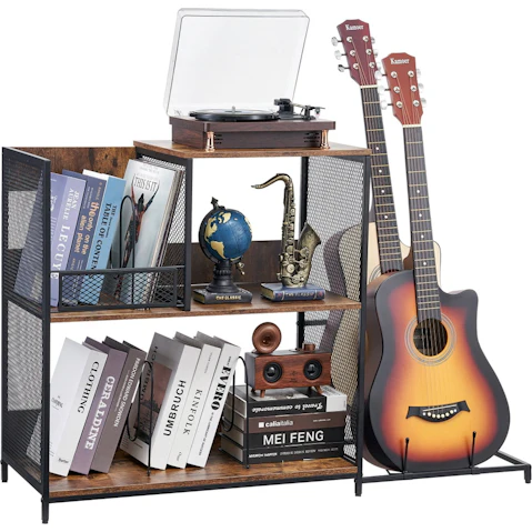 Pretty & Practical 3-Tier Record Player Stand with Guitar Holder and Vinyl Storage for Up to 300 Records