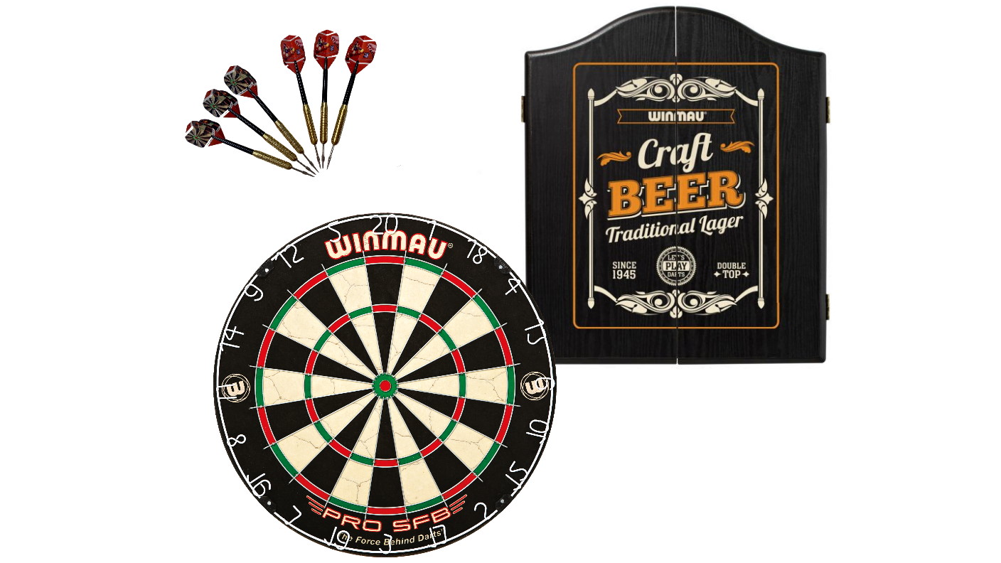 Winmau PRO SFB Bristle Dart Board Set with Craft Beer Cabinet + 6 Darts