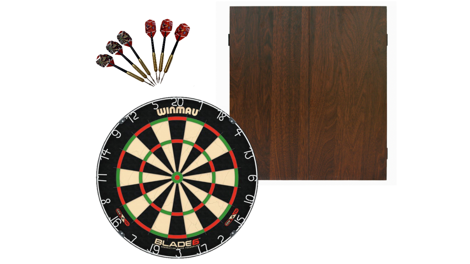 Winmau Professional Blade 6 Dartboard with Darts Set and Walnut Cabinet
