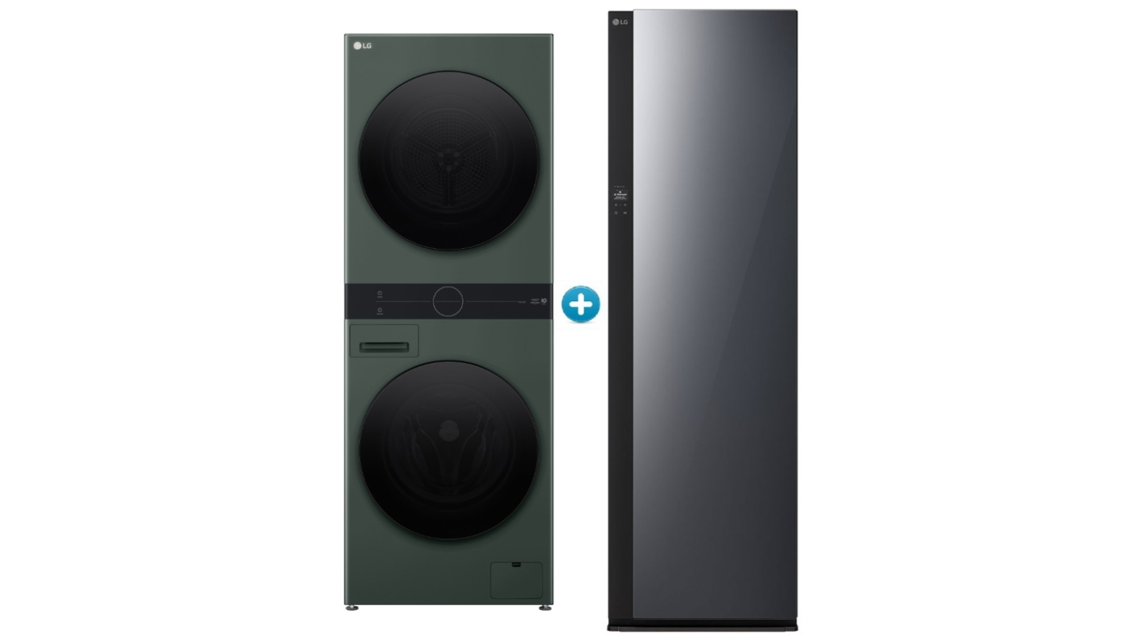 LG 12kg/10kg 2026 Compact WashTower Stacked Washer Dryer plus Styler 5 Garment Mirror with True Steam Package - Forest Green and Black