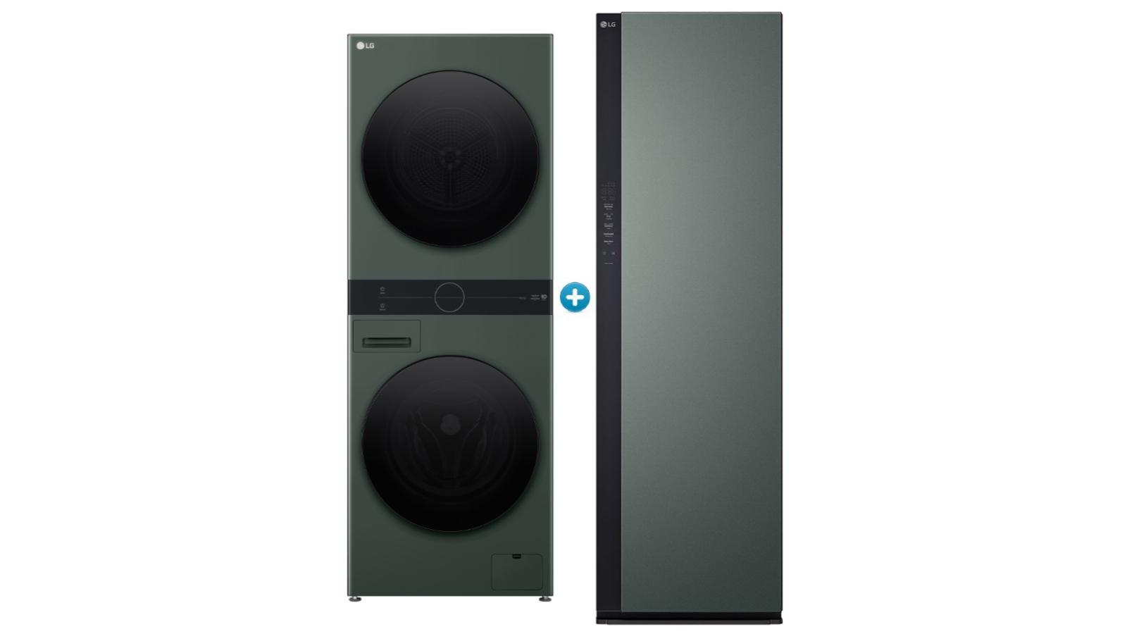 LG 12kg/10kg 2026 Compact WashTower Stacked Washer Dryer plus Styler 5 Garment Mirror with True Steam Package - Forest Green