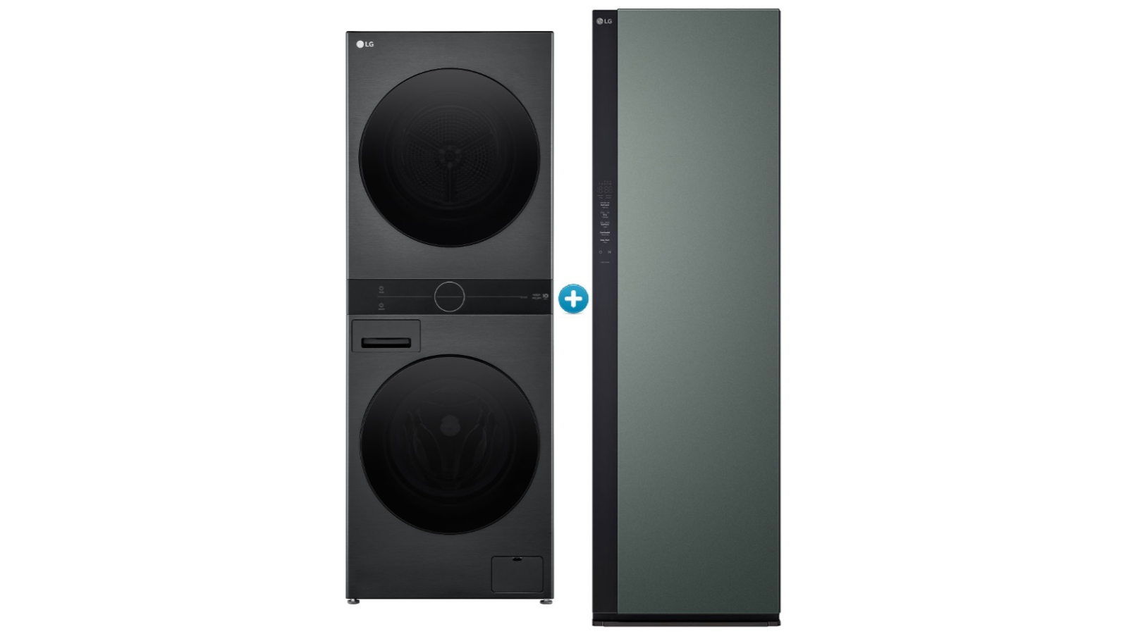 LG 12kg/10kg 2026 Compact WashTower Stacked Washer Dryer plus Styler 5 Garment Mirror with True Steam Package - Black and Forest Green