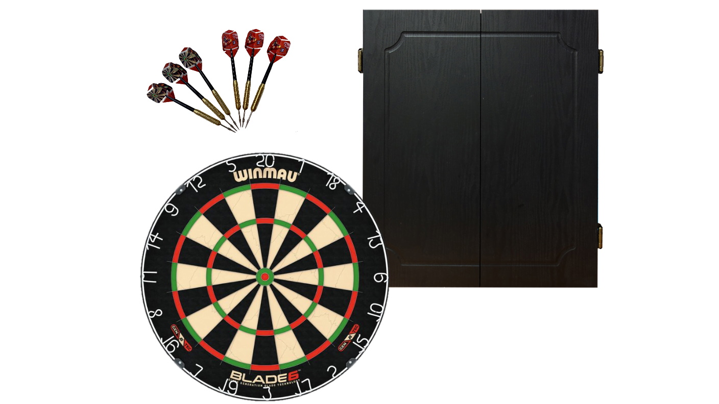 Winmau Professional Blade 6 Dart Board with Quantum Black Dartboard Cabinet + Darts Set