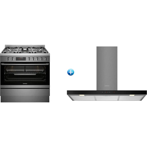 Westinghouse 900mm Dual Fuel Pyrolytic Freestanding Oven with AirFry & 90cm Canopy Rangehood with Hob2Hood