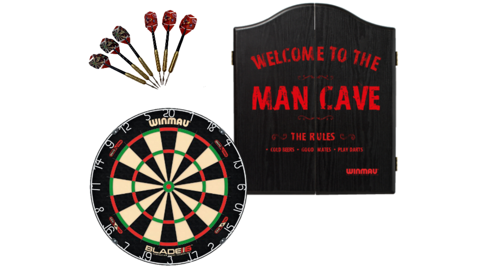 Winmau 6 Dual Core Blade + Man Cave Cabinet + Dart Set