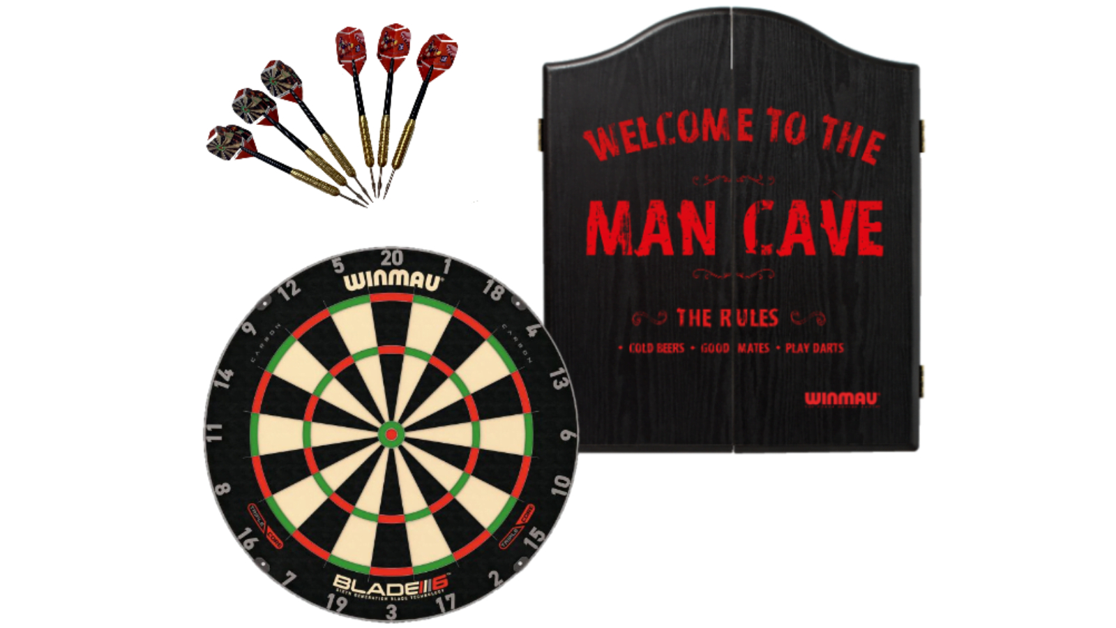 Winmau 6 Triple Core Blade + Man Cave Cabinet + Dart Set