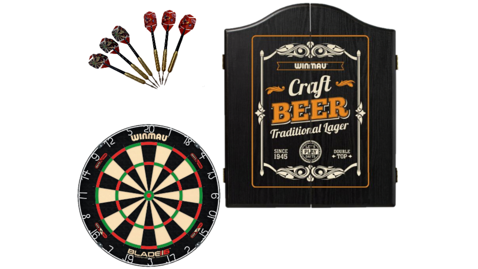 Winmau 6 Dual Core Blade + Craft Beer Cabinet + Dart Set