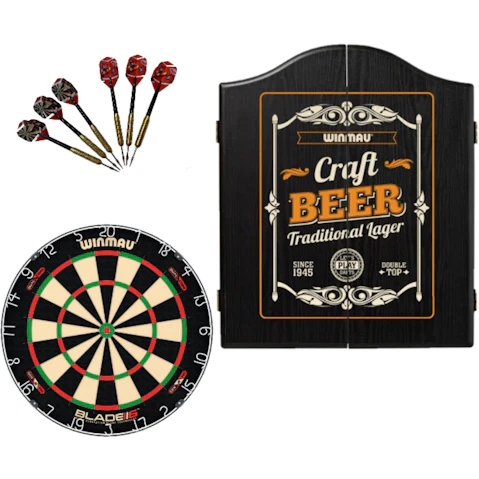Winmau 6 Dual Core Blade + Craft Beer Cabinet + Dart Set