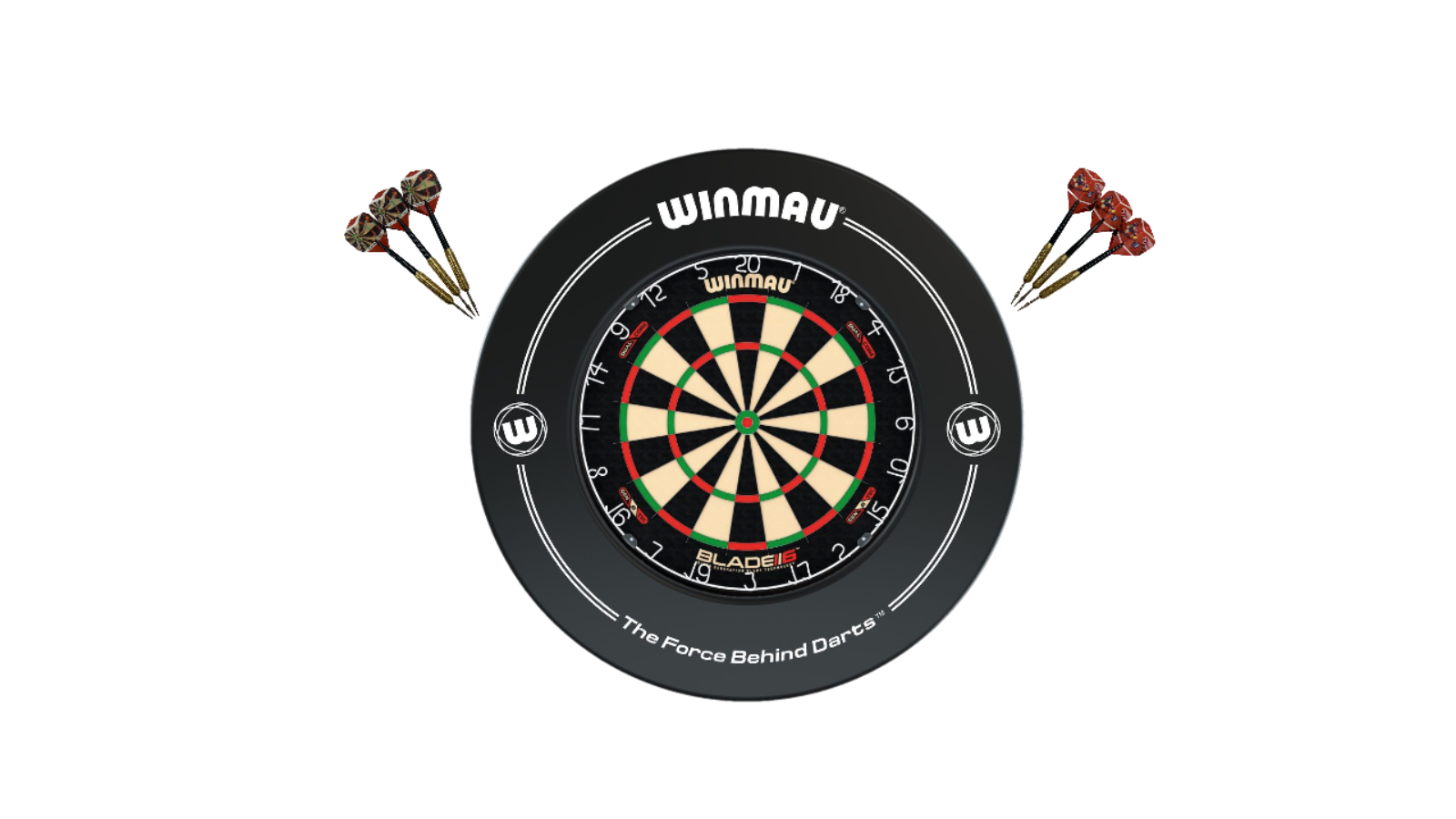 Winmau 6 Dual Core Blade + Black Printed Dart Board Surround + Darts