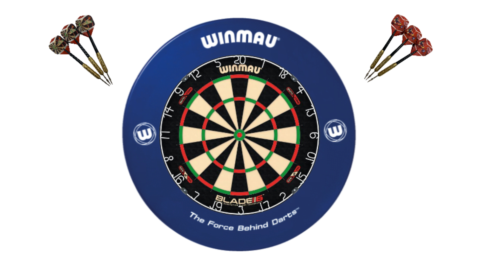 Winmau 6 Dual Core Blade + Blue Printed Dart Board Surround + Darts