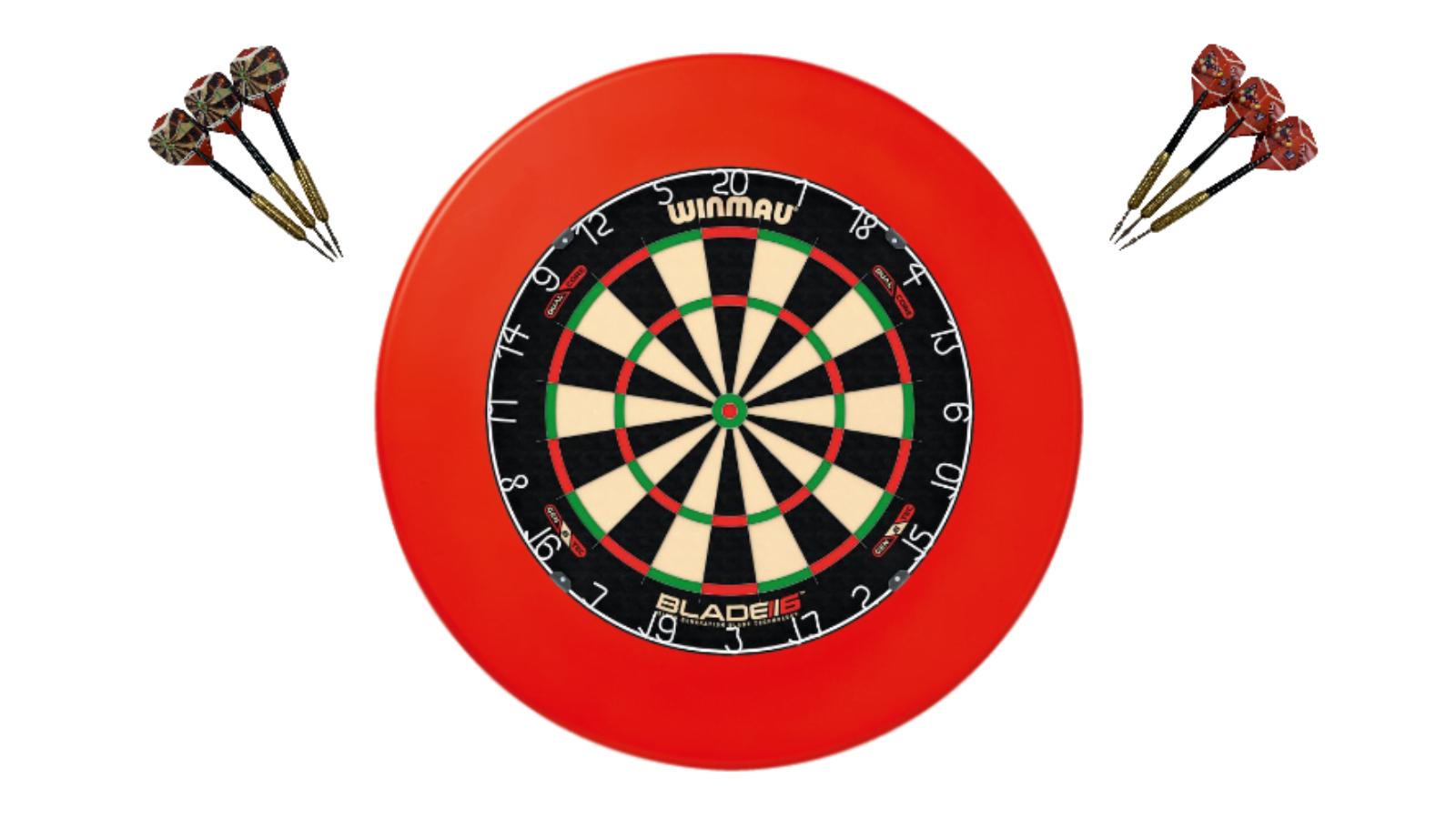 Winmau 6 Dual Core Blade + Red Dart Board Surround + Darts