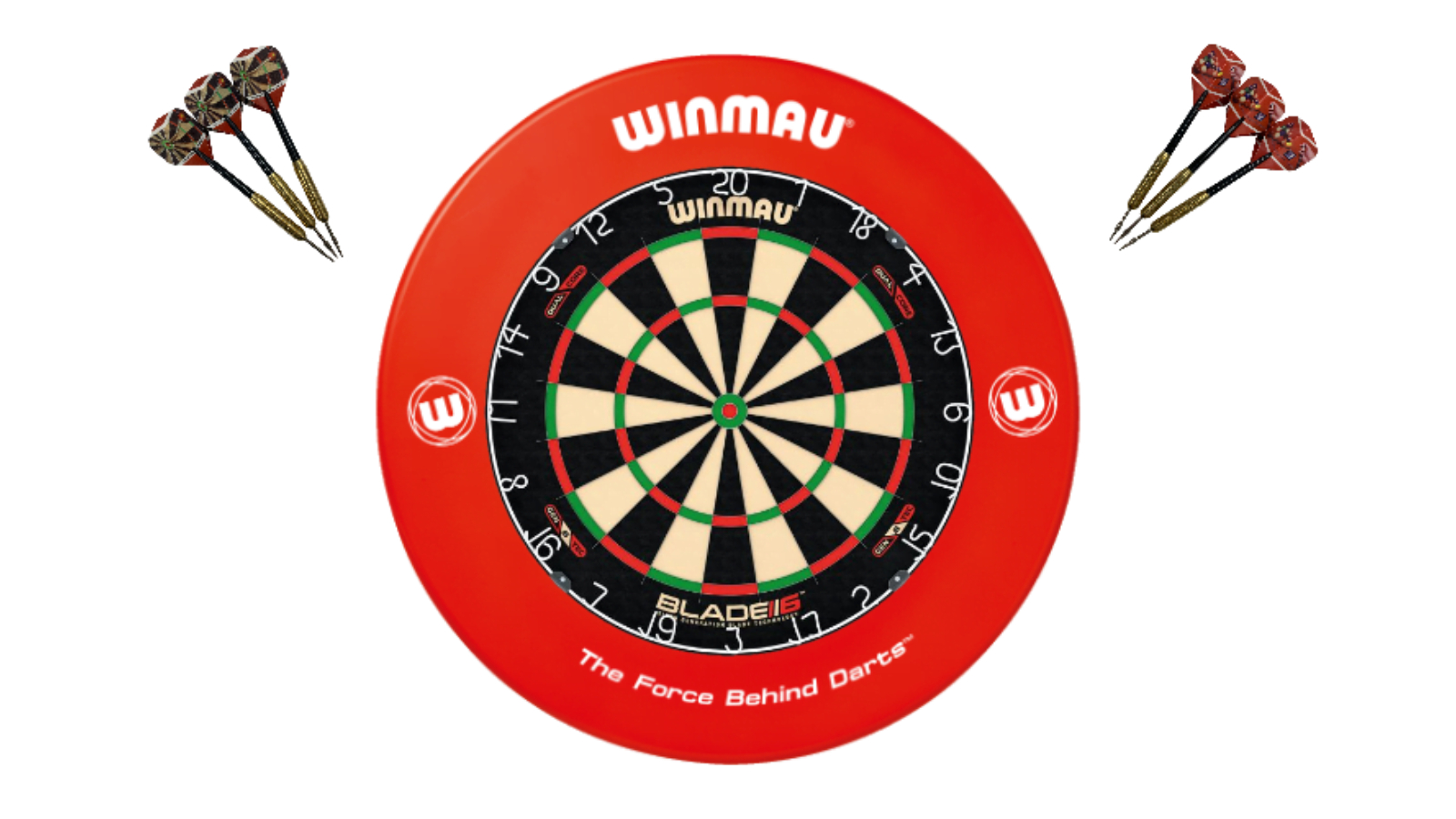 Winmau 6 Dual Core Blade + Red Printed Dart Board Surround + Darts