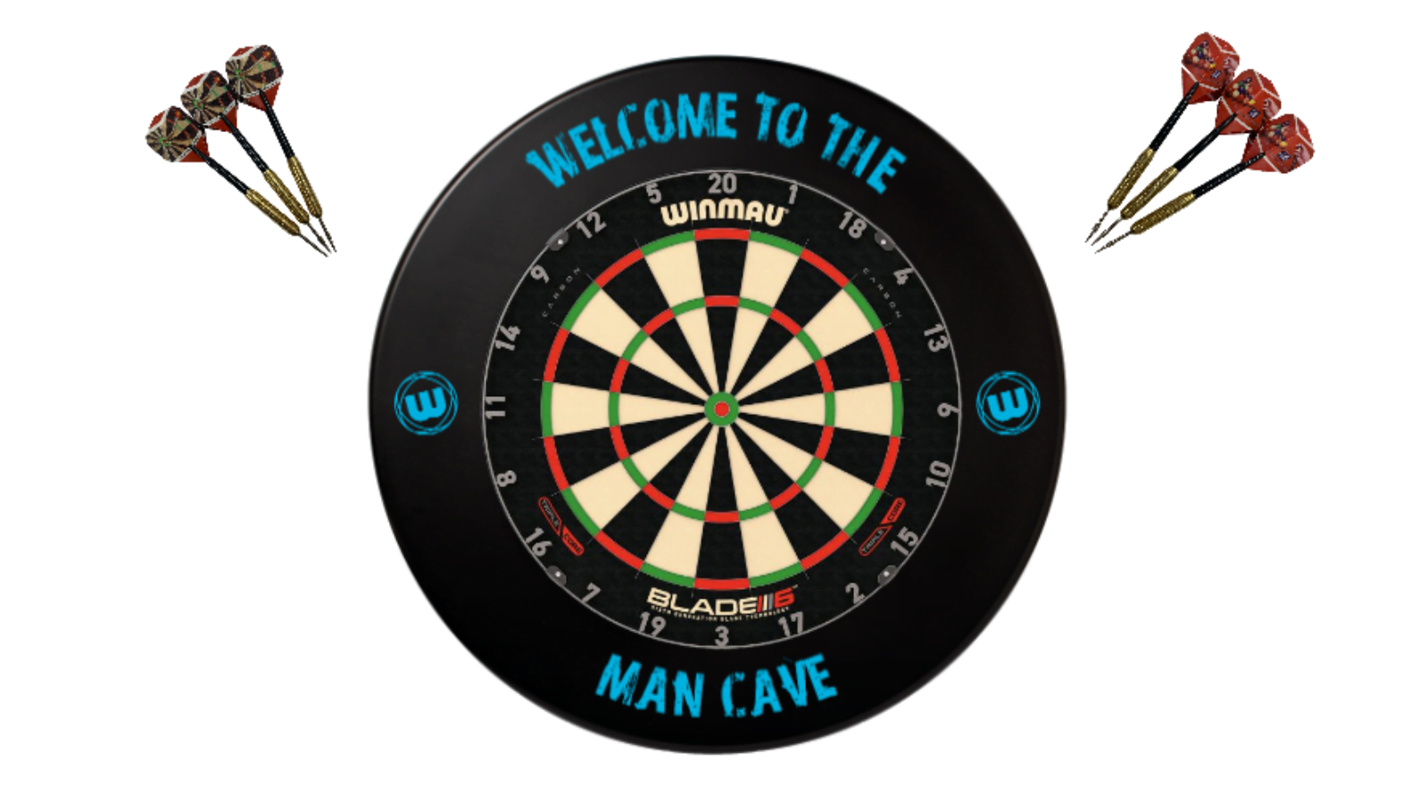 Winmau 6 Triple Core Blade + Man Cave Dart Board Surround + Darts