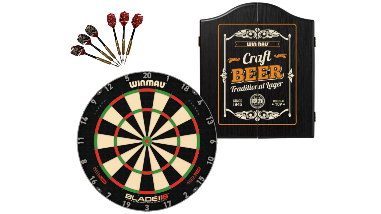 Winmau 6 Triple Core Blade + Craft Beer Cabinet + Dart Set