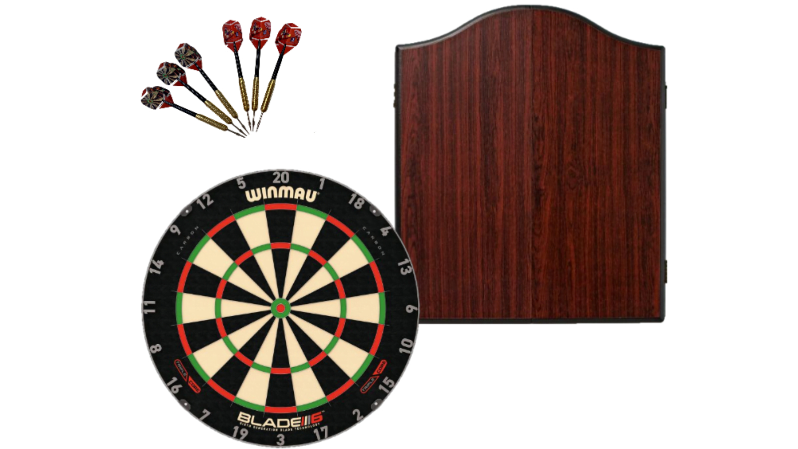Winmau 6 Triple Core Blade + Rosewood Cabinet + Dart Set
